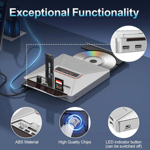 External CD DVD Drive For Laptop With 7 In 1 Disc Player Burner And M2 Slot Plug And Play USB C USB A Portable Optical Drive For Windows Mac OS Read Write CDs And DVDs, ABS case, USB-C port
