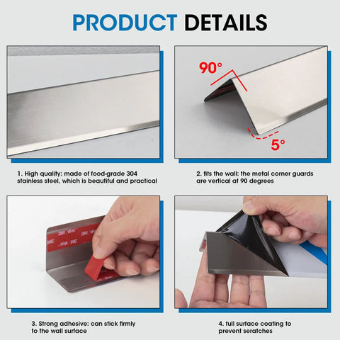 Slick And Tough As Nails 304 Stainless Steel Wall Corner Guards 2X2X48 Inch Metal Angle Protectors showing adhesive backing and 90-degree fit.