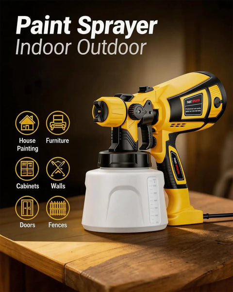 Heavy Duty Electric Paint Sprayer Built For Swift Home Exterior Touch Ups And Deck Refinishing With Generous Tank And Crisp Even Spray Coverage on a wooden table.