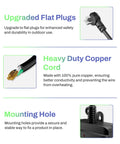 Diagram showcasing upgraded flat plugs, heavy duty copper cord, and mounting hole of outdoor smart plug with timers and countdown.