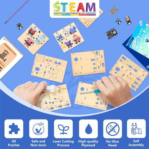 Eight In One STEM Kit For Kids Aged 8 To 16 With ESP32 Smart Home Projects Hands On Coding And Engineering Fun School Crafts DIY Model Building Toys Educational Tech Toys For Birthday And Gift Giving, plywood parts and circuit boards