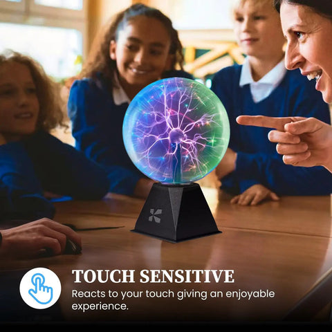 Eight Inch Interactive Plasma Ball Nebula Glow Globe With Touch And Sound Reactive Modes Plug In With A Six Foot Cord Totally Lit For Parties And Home Decor, STEM Projects, Classroom Demos And Science Fun on a table with children.
