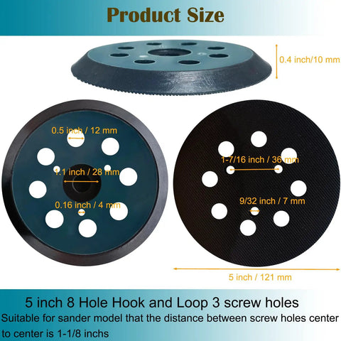 Diagram of a 5 Inch Hook And Loop Replacement Sanding Pad With 8 Holes And 3 Screw Holes For Fast No Fuss Orbit Sanding