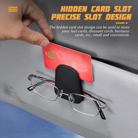 Premium Microfiber Leather Magnetic Sunglasses Holder For Car Sun Visor with hidden card slot for convenience.
