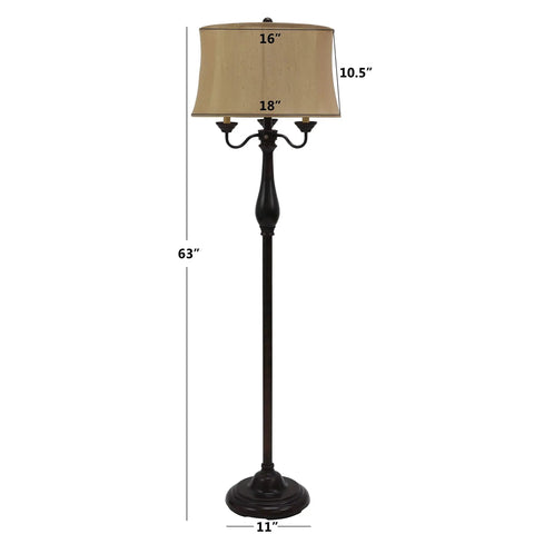 Abigail 6-Way Candle-Style Floor Lamp In Dark Oil Rubbed Bronze With Faux Silk Bell Shade, 63 Inch, shown in full view with dimensions.