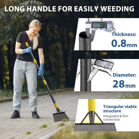 Person using Long Handle Floor Scraper And All Season Garden Cleaning Tool, Heavy Duty 60 Inch Stainless Steel Shovel for weeding