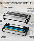 Powerful Vacuum Sealer 12 In 1 With Dual Pump, Built In Cutter, Bag Storage, Easy Lock Handle, shown open on kitchen counter.