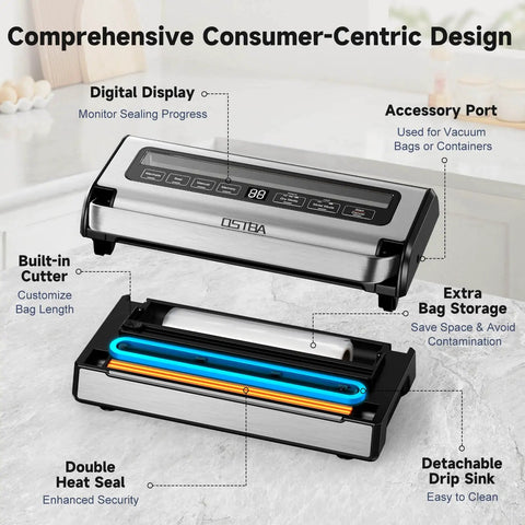 Powerful Vacuum Sealer 12 In 1 With Dual Pump, Built In Cutter, Bag Storage, Easy Lock Handle, shown open on kitchen counter.