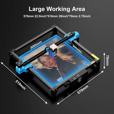 TTS-55 Pro Laser Engraver 5.5W DIY Laser Cutter With Air Assist, large working area, depicted engraving a portrait.