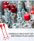 Image showing 1/2 Inch ISO5675 Hydraulic Dust Cap And Plug Set, Red Rubber Male Cap And Female Plug Covers in use with fittings.