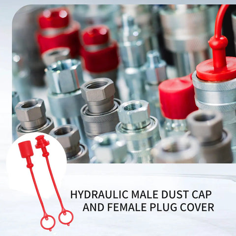 Image showing 1/2 Inch ISO5675 Hydraulic Dust Cap And Plug Set, Red Rubber Male Cap And Female Plug Covers in use with fittings.