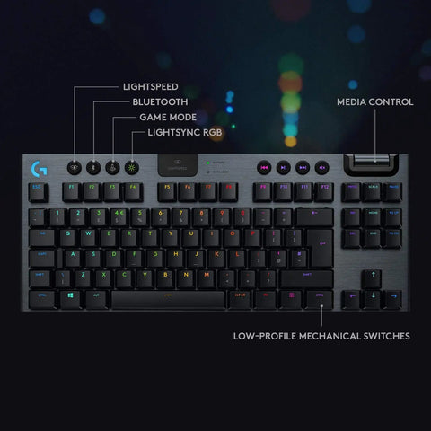 Game Changing Tenkeyless Wireless Mechanical Gaming Keyboard Featuring Crisp Tactile Switches Slick Syncable RGB Lighting Zero Lag Wireless Connection And Heavy Duty All Day Battery For Battle Ready Setups Black with media controls.