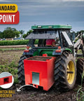 Beefy 3 Point Hitch Tractor Ballast Box With 800 Lbs Capacity on a green tractor in a farm field, red with 2 inch hitch receiver.