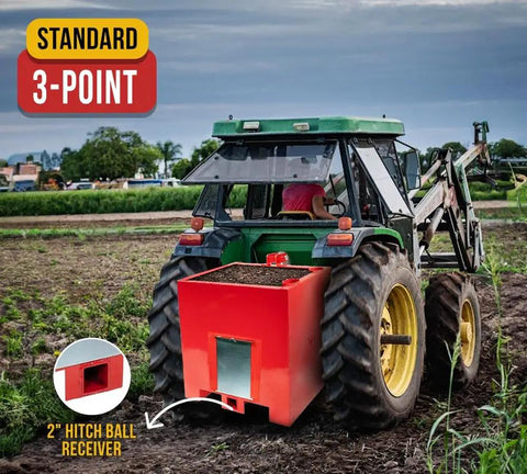 Beefy 3 Point Hitch Tractor Ballast Box With 800 Lbs Capacity on a green tractor in a farm field, red with 2 inch hitch receiver.