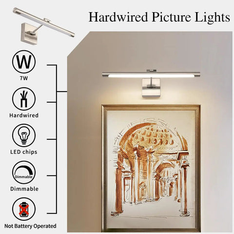 LED Picture Light With Swing Arm, 16.5 Inch Hardwired Dimmable Artwork Display Lamp illuminating framed art on wall