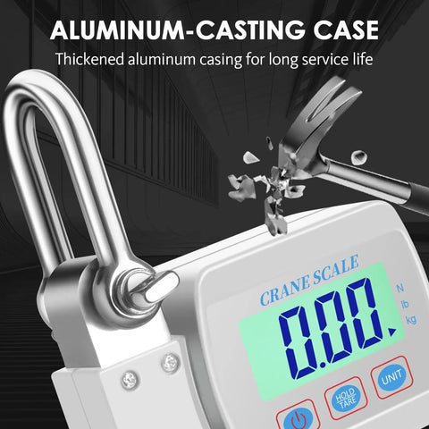 Heavy Duty Digital Crane Scale 1100 Lbs Capacity For Serious Hanging Tasks showing thick aluminum casing and backlit LCD readout.