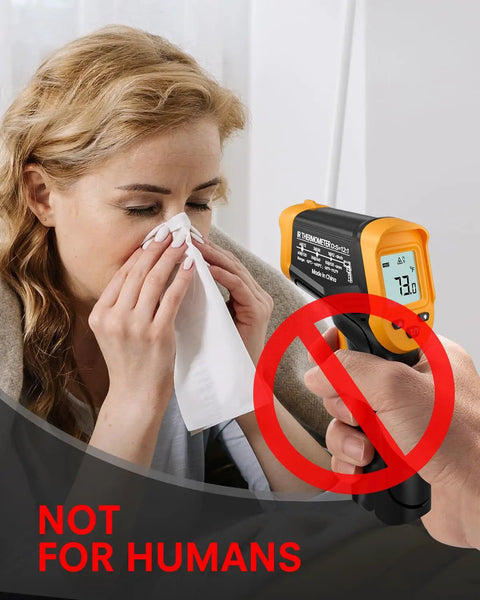 Infrared Thermometer Gun With Wide Range From Minus Fifty Eight To Eleven Hundred Twelve Fahrenheit Laser Temperature Gun For Cooking And Grilling Like A Boss Pizza Oven Griddle Barbecue AC Fridge Engine And Kitchen Use showing not for human use warning