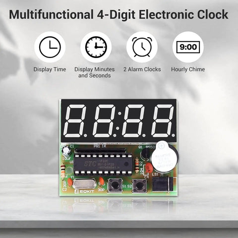 Front view of Four Digit Digital Clock Kit With PCB For Learning Electronics DIY Alarm Clock Soldering Project And English Instructions.