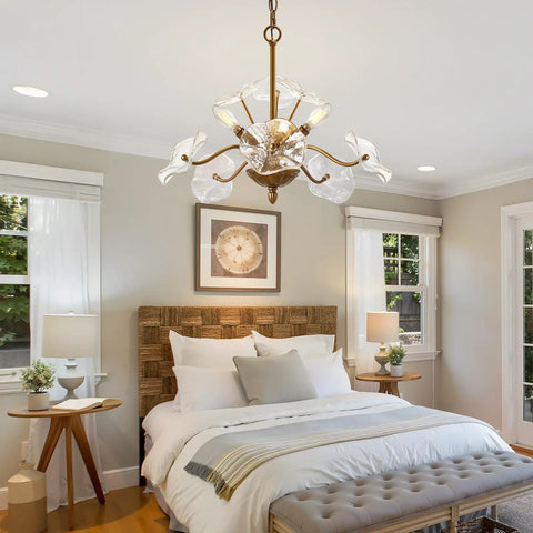 Modern Gold Chandelier Vintage Brass Flower Glass Pendant Light Mid Century Ceiling Lamp over a cozy bedroom setting.