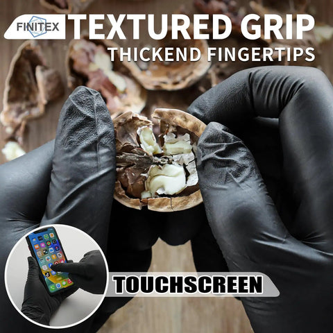 Hands wearing Heavy Duty 3.5 Mil Nitrile Disposable Gloves In Bold Black, Fully Latex Free And Tear Resistant For Kitchen Cooking, Food Prep, And Toughest Cleaning Jobs With A Dead On Snug Fit That Never Slips, holding a shell.