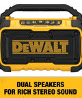 Front view of 20V Max Bluetooth Jobsite Speaker With 100 Ft Range Durable Build Dual Speakers For Rich Stereo Sound Built In Phone Holder Bass Reflex For Punchy Bass Control Play Pause And Volume Right On The Speaker 8 To 10 Hour Battery