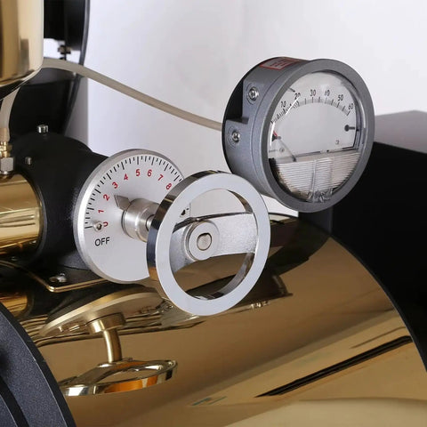 Close-up view of Commercial Drum Coffee Roaster Machine With Digital Temperature Control And Rapid Cooling System
