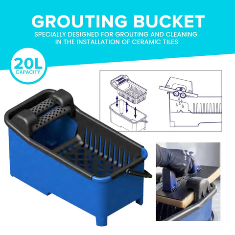 Grouting Bucket Kit With Sponge Floats And Wheels For Tile Work And Grout Cleaning, 20L blue bucket with drainage and sponges.