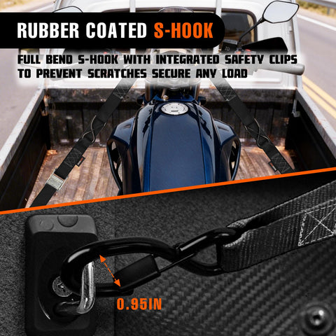 2 Pack 1.5 Inch By 8 Ft Beefy 3000 Lb Motorcycle Tie Down Straps securing a motorcycle with rubber coated S-hooks