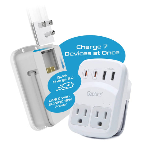 World Travel Adapter Kit With 2 US Outlets 2 USB A Quick Charge 3.0 2 USB C 20W Power Delivery Surge Protection visible