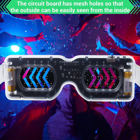Inside view of DIY Voice Activated LED Glasses Kit With Battery, showcasing the mesh circuit board and colorful LEDs.