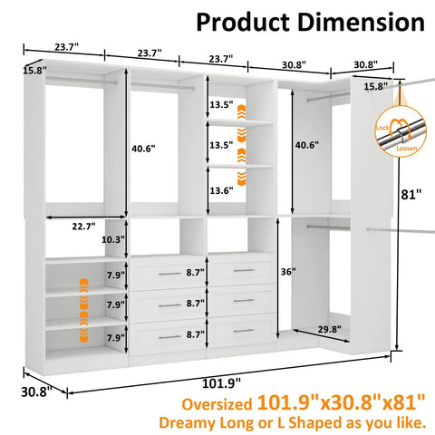 Top Tier Modular Closet Organizer System Featuring Six Spacious Drawers Eight Sturdy Hanging Rods And Fully Adjustable Shelves For A Smooth Walk In Storage Flex That Upgrades Your Daily Routine