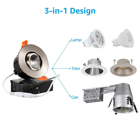3 Inch Gimbal LED Recessed Lights With J-Box, 7W, Dimmable, CRI 90 Plus, showing lamp, trim, and can components for installation
