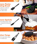 Silicone pastry basting brush, spatula, and kitchen tongs from Dual Basket Air Fryer Accessories Set Of 10 For Dual Zone 8 Quart And Larger Fryers DZ201 DZ401.