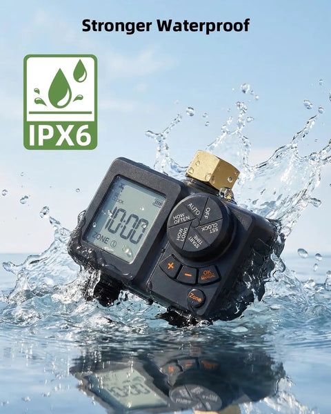 Two Zone Sprinkler Timer For Garden Hose With Battery Power floating in water, showcasing IPX6 waterproof and brass inlet features.