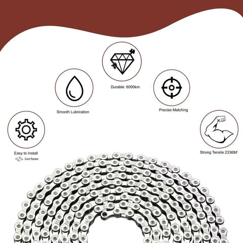 Heavy Duty Ebike Chain For 6, 7, 8 Speed, 136 Links, Tough As Nails High Tensile Strength, Anti Break, Anti Corrosion And Rust Resistant Drive Chain For Mountain, Commuter And Electric Bikes, Compatible With Shimano, SRAM, Bosch Motors