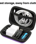 Heavy Duty Hardshell Eva Earbud Case And Dope Headphone Pouch With Warm Flannel Lining For Your Daily Tech Setup Phone Chargers Cables And Memory Cards Ultimate Travel Bag In Purple showing organized tech accessories.