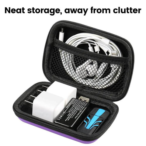 Heavy Duty Hardshell Eva Earbud Case And Dope Headphone Pouch With Warm Flannel Lining For Your Daily Tech Setup Phone Chargers Cables And Memory Cards Ultimate Travel Bag In Purple showing organized tech accessories.