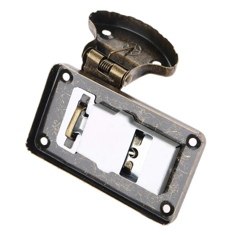 Vintage Metal Key Hasp Lock For Jewelry Box And Wooden Suitcase with antique toggle latch, rear close-up view