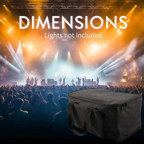 Waterproof Par Light Bag For Four Par Spotlight Lights shown on a concert stage backdrop, dimensions displayed above.