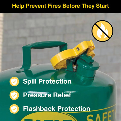 Close-up of Heavy Duty 5 Gallon Type I Green Safety Gas Can with yellow spout cap, illustrating spill and flashback protection features.