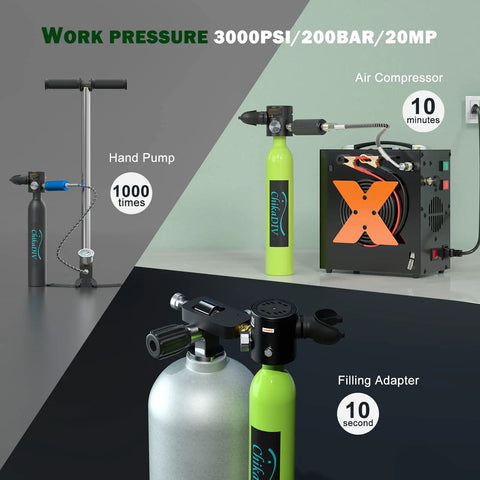 Mini 0.5L Scuba Tank For Emergency Air Supply Portable Snorkeling Oxygen Canister with hand pump and air compressor kit.