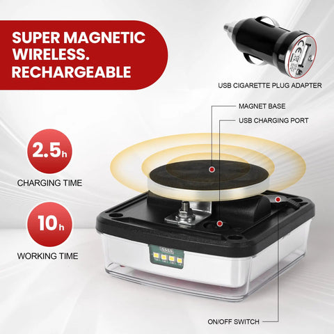 Wireless Magnetic LED Trailer Lights Kit showing magnet base, USB charging port, adapter, 2.5h charge, 10h use