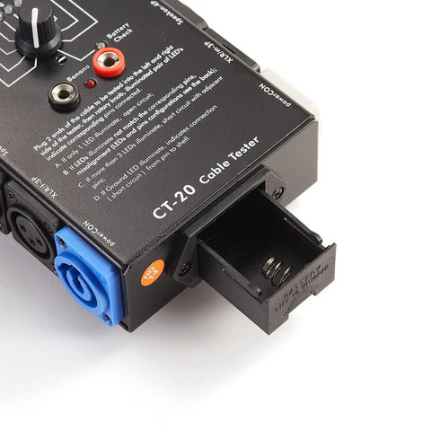 15 Plug Cable Tester And Line Finder All In One 15 In 1 Cable Checker With LED Indicators 10 Way Switch Wire Tracker For Quick Continuity Tests Rugged Pro Grade Black close-up with open battery tray and connectors