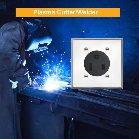 6-50 Receptacle With Square Plate For Welder And Plasma Cutter 50 Amp 250 Volt 2-Pole 3-Wire Outlet In Heavy Duty Thermoplastic Nylon Built For Rough And Ready Use Fits 2-Gang Boxes With 2.15 Inch Center Hole, square plate on 2-gang wall box