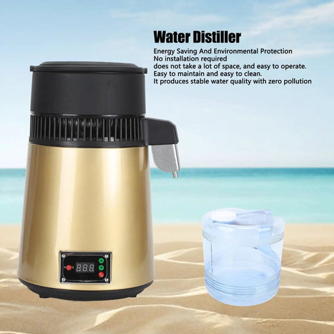 Smart Four Liter Automatic Water Distiller Featuring Heavy Duty Stainless Steel Chamber And 750W Heater For Straight Up Pure Drinking Water In Any Home Or Office Setup Zero Fuss Auto Shut Off Design on beach backdrop.