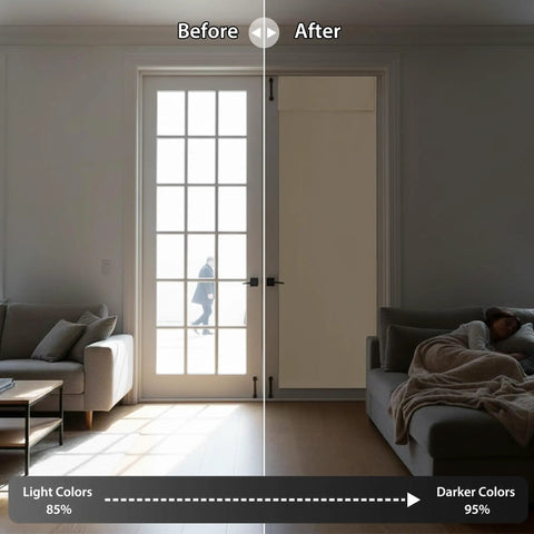 French Door Curtains With Privacy Blackout No Drill Easy Install Tie Up Shades For Kitchen Dining Nursery And Bathroom Beige 26 By 72 Inches One Panel showing light control before and after installation.