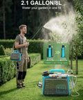 User using Battery Powered Garden Sprayer 2 Gallon Electric Pump Sprayer With 3 Mist Nozzles, adjustable strap over shoulder in garden