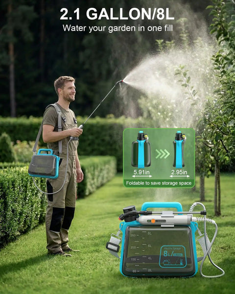 User using Battery Powered Garden Sprayer 2 Gallon Electric Pump Sprayer With 3 Mist Nozzles, adjustable strap over shoulder in garden