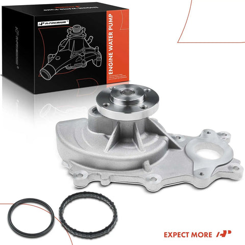 Engine Water Pump With Gasket Replacement For Ford F-150 2011-2016 Expedition 2015-2017 Transit-150 250 350HD 2015-2019 Lincoln Navigator 2015-2017 4-Bolt Pulley Flange Fits, shown with gaskets and packaging box.