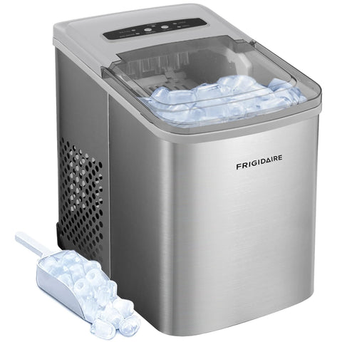 Front view of Frigidaire stainless steel portable ice making machine with transparent lid and ice cubes